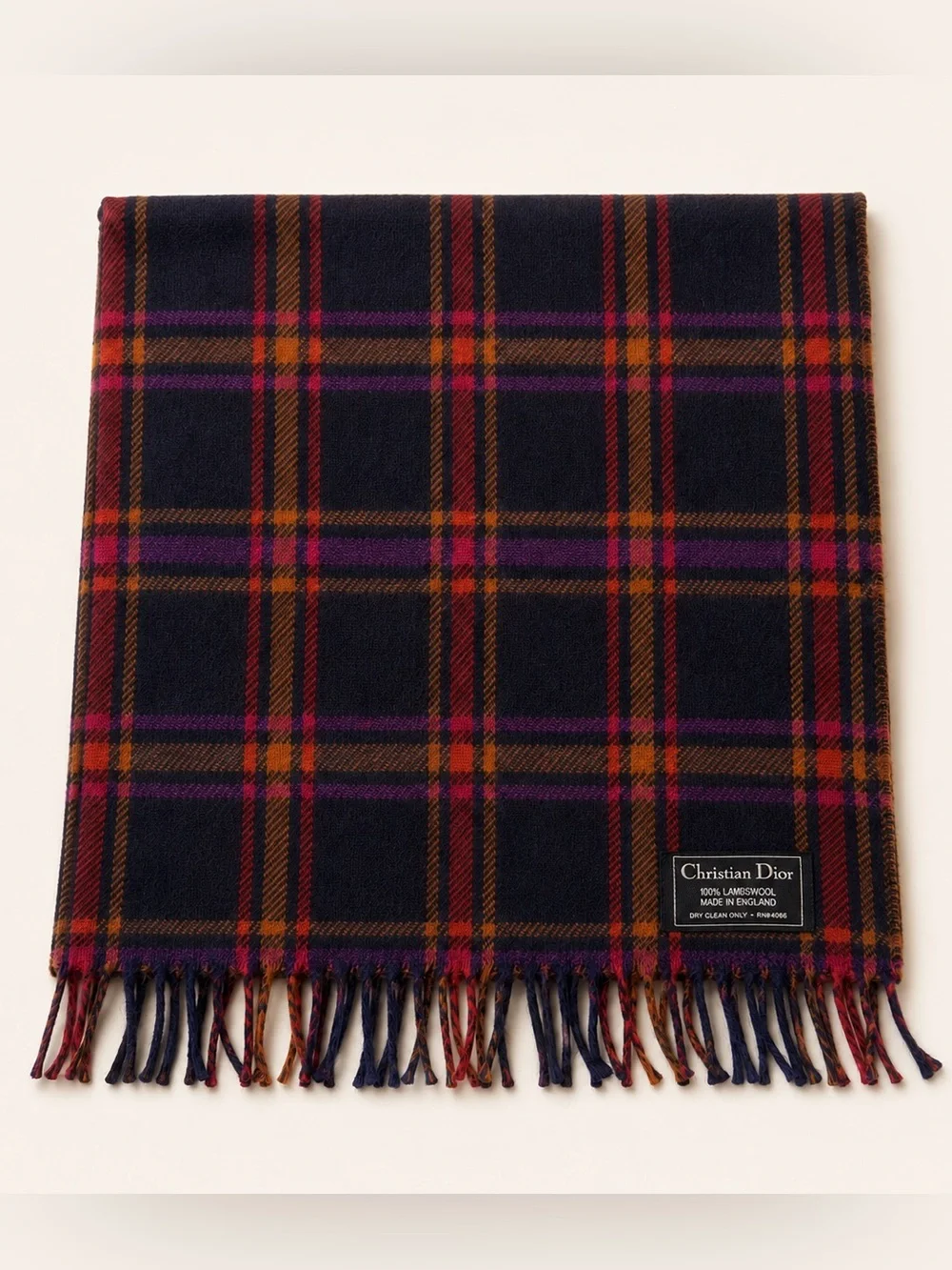 Dior Plaid Wool Scarf in Navy with Pink & Orange Stripes